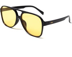 KIMU Motor Pilotenbril Groot - Zwart Montuur Kunststof - Gele Glazen - Bril Piloten Zonnebril Influencer Motorbril Retro Vintage Heren Piloot Festival