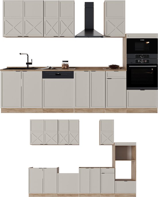 Vicco Fame- Line Meuble de cuisine complet – 300 cm avec meuble haut, WB Chêne Grijs/ beige / chêne doré avec meuble haut, WB Chêne