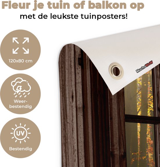 Demonstratie van tuinposter: 'Fleur je tuin op met de leukste tuinposters!', 120x80cm, weer- en UV-bestendig.