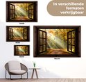 Demonstratie van verschillende formaten tuinposters met boslandschap in herfstkleuren.