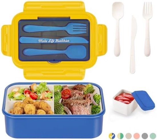 Foto: Lunchbox voor volwassenen en kinderen 1400 ml met 3 vakken incl bestek de snackbox is geschikt voor magnetrons en vaatwassers