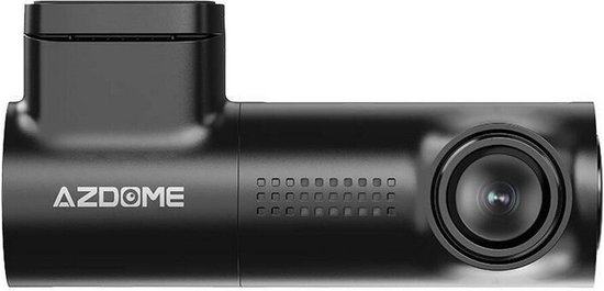 Zwarte AZDome dashcam, zijaanzicht, met de merknaam erop.