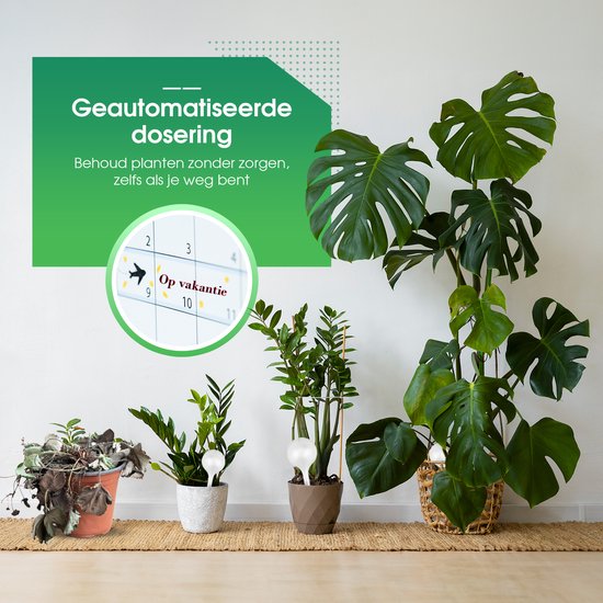 Geautomatiseerde waterdosering voor planten, zelfs tijdens vakantie. Een ronde kalender met vakantie-aanduiding is zichtbaar.