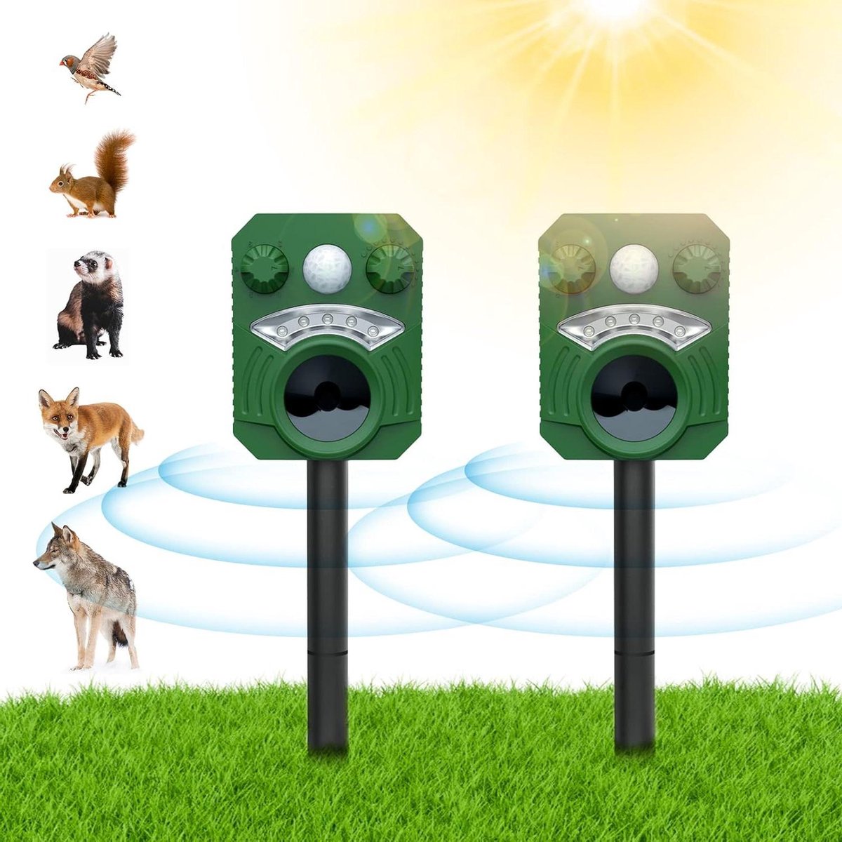 Kattenverjager Ultrasone dierenverjager op zonne-energie - waterdicht - PIR-bewegingsmelder - frequentie 125-25 kHz - flitsen - katten - honden