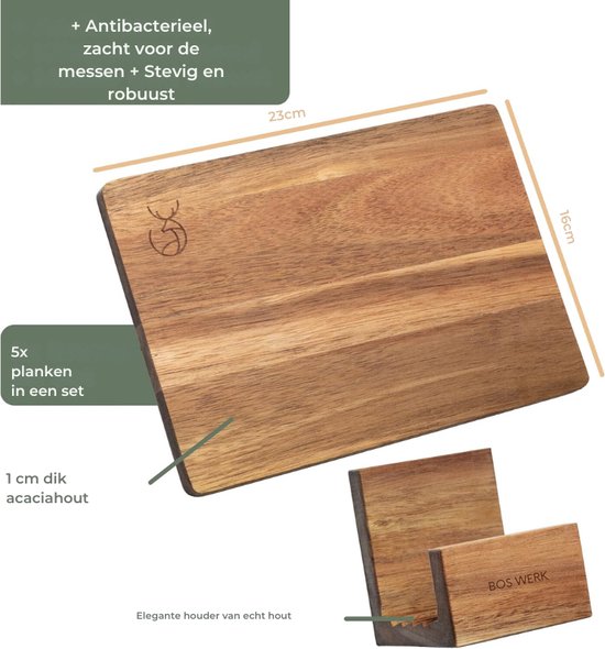 WALDWERK Set van 5 ontbijtplanken (23 x 16 x 1 cm) van massief acaciahout met standaard, 5 houten snijplanken, perfect voor het ontbijt