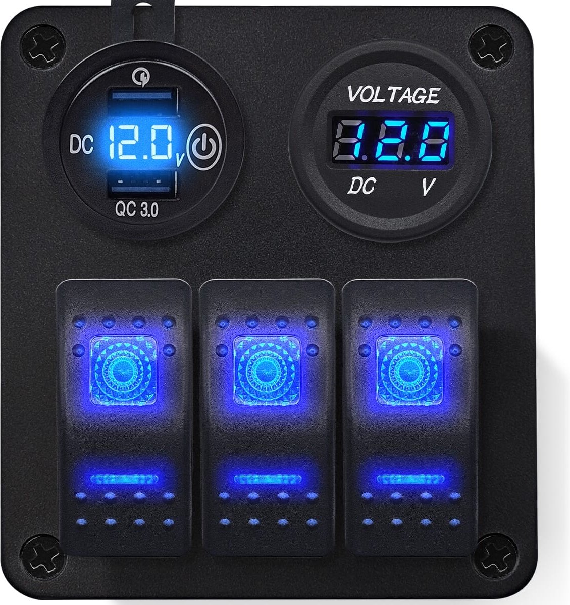 ProRide Schakelpaneel 12V voor Auto/Boot - USB Lader met Voltmeter - 5V/2.4A - 3 Schakelaars