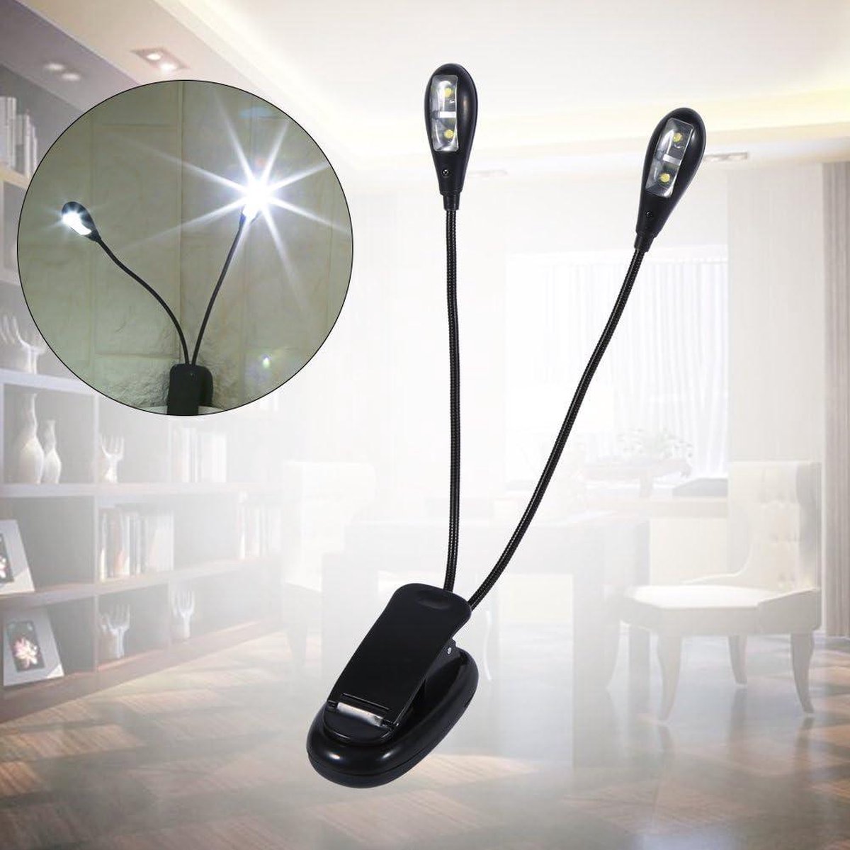 Dubbele Armlamp met Clip - Flexibel en Draagbaar - Geschikt voor Boeken, Bladmuziek en Tablets - USB en Batterij Gevoed - Ideaal voor Lezen in Bed, Muzikanten en Reizen