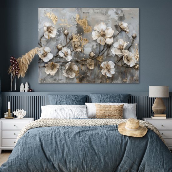 Affiche 160x120 cm - Fleurs - Wit - Grijs - Or - Luxe - Posters - Décoration chambre - Décoration murale salon - Décoration murale chambre XXL
