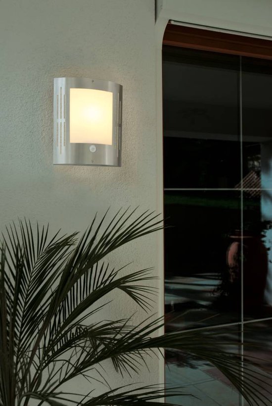 EGLO buitenwandlamp City, 1-lichts buitenlamp incl. bewegingsmelder, sensor wandlamp van roestvrij staal, kunststof, zilver, wit, E27 fitting, IP44