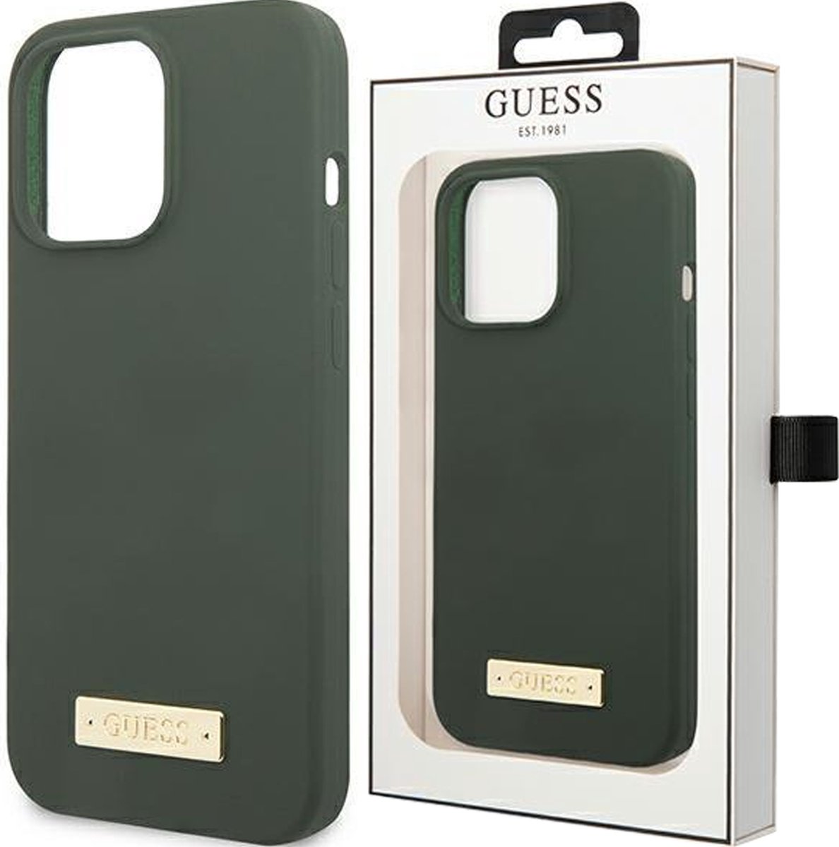 Guess - GUHMP13MSBPLA - iPhone - 13 - 6.1 - groen/kaki - harde - hoes - Siliconen - logoplaat - MagSafe