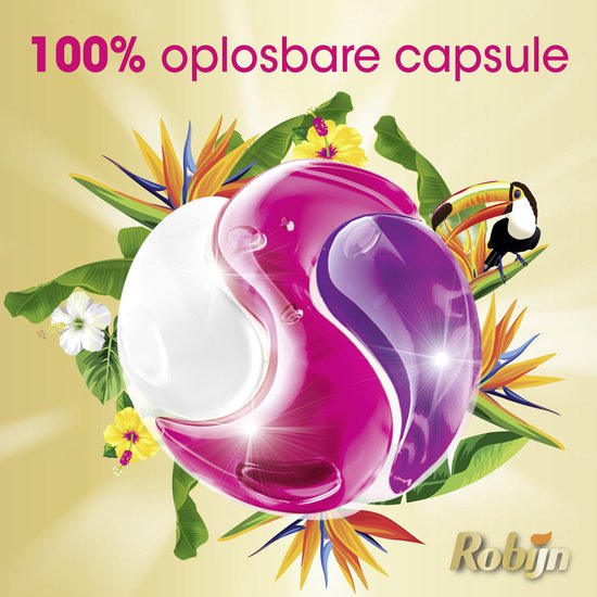 Een enkele Robijn Tropical wascapsule met de tekst '100% oplosbare capsule', omgeven door tropische bloemen.