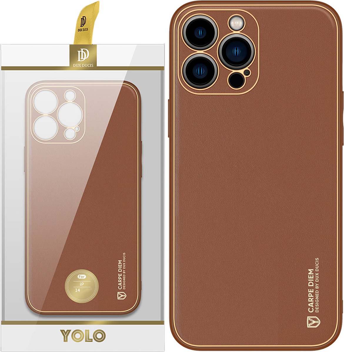 Dux - Ducis - Yolo iPhone - 14 - Pro - hoesje, - elegante - cover - gemaakt - van - bruin - ecologisch - leer