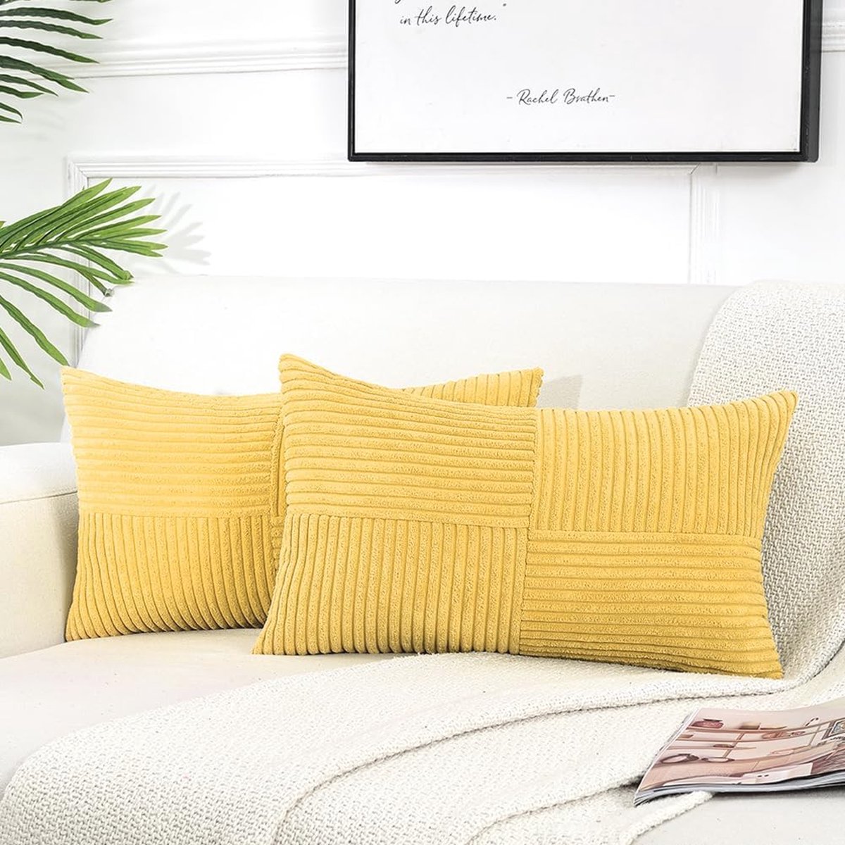 Set van 2 Boho Kussenslopen - Geel Corduroy 30x50 cm - Decoratief Kussenhoes met Klassiek Patroon en Onzichtbare Ritssluiting