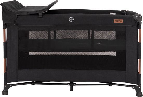 Novi Baby® Nora Luxe Campingbed - Walnut/Brilliant Black - reisbedje -Inclusief bodemverhoger - Inclusief verschoonblad - Inclusief transporttas