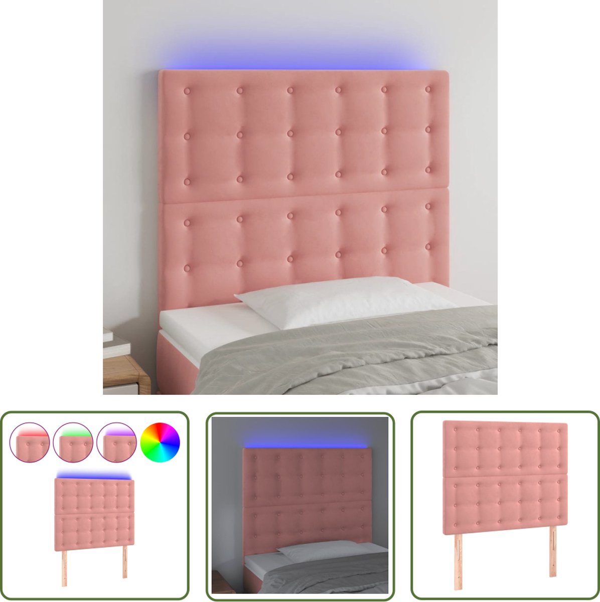 The Living Store LED Hoofdeind - Roze Stof - 80x5x118/128 cm - Verstelbaar - Comfortabele Ondersteuning - Snijdbare LED-strip - Incl - Montagehandleiding - USB-aansluiting