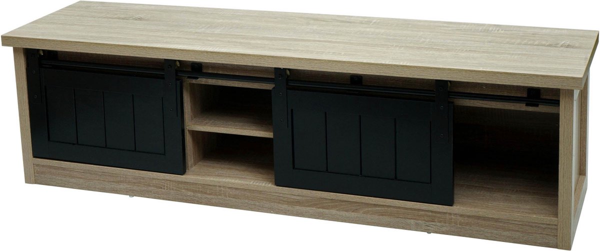 MCW TV-rek MCW-K75, TV-tafel TV-plank, schuifdeuren opbergvakken, hout-look industrieel metaal 43x150x40cm ~ natuurlijke kleur