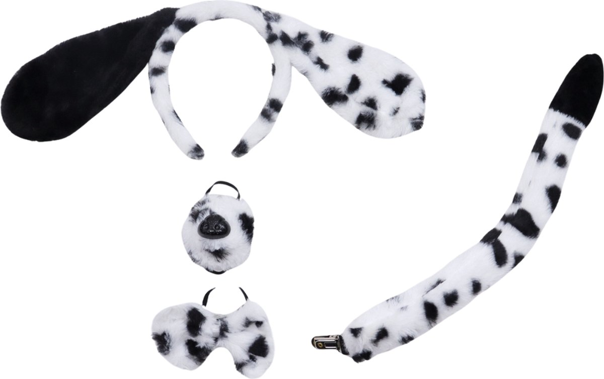 Joya Kids® Hond Dalmatier Verkleed Accessoires | Verkleedset Honden | Meisjes en Jongens en Volwassenen Verkleedpak Puppy | Carnaval en Halloween Outfit kinderen en Volwassen | Haarband met Oren, Neus, Staart en Strik | Zwart Wit met Stippen — afbeelding 5