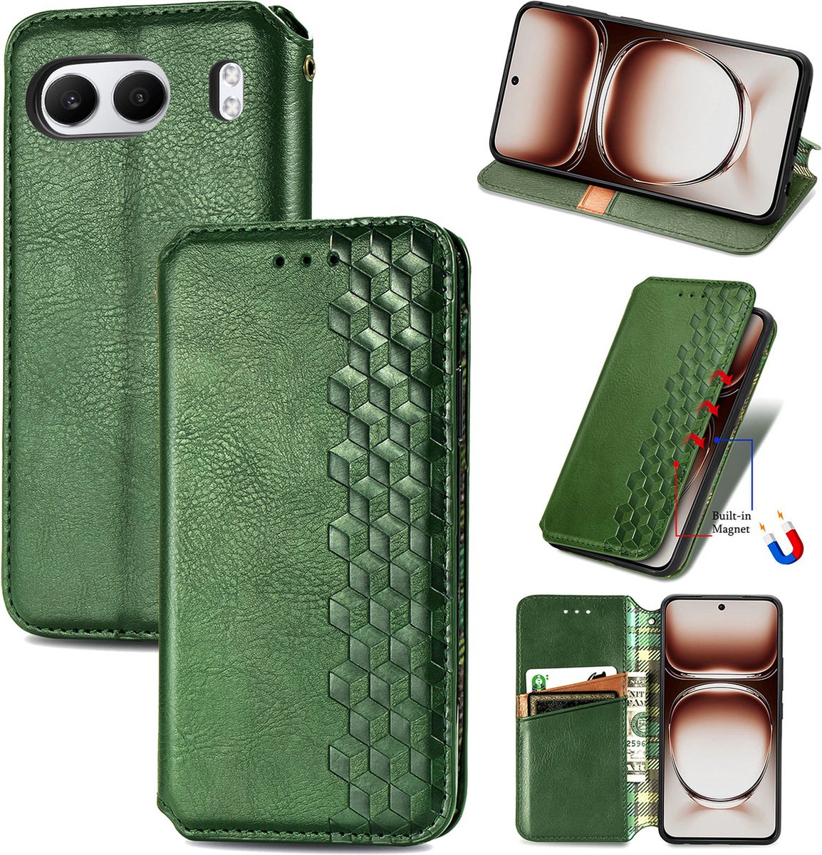 Luxe PU Lederen Ruitpatroon Wallet Case + Glas Screenprotector voor OnePlus Nord 4 _ Groen