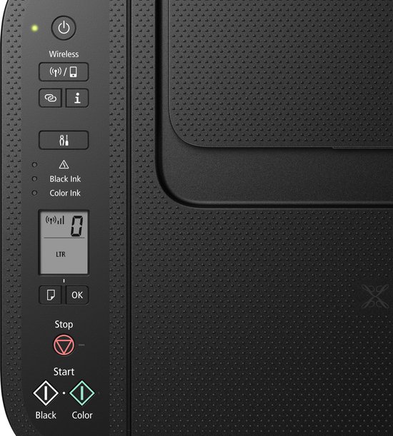 Close-up van het bedieningspaneel van een zwarte Canon Pixma printer, met indicatoren voor stroom, wifi en inkt.
