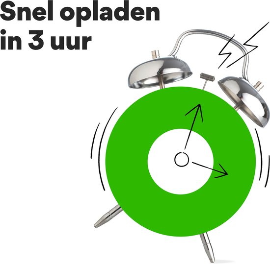 Wekker met een groen GP-logo en de tekst 'Snel opladen in 3 uur'.