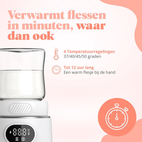 Witte flesverwarmer met glas erop, met 4 temperatuurinstellingen en tot 12 uur warmhoudfunctie. "Verwarmt flessen in minuten, waar dan ook". Stopwatch-icoon.