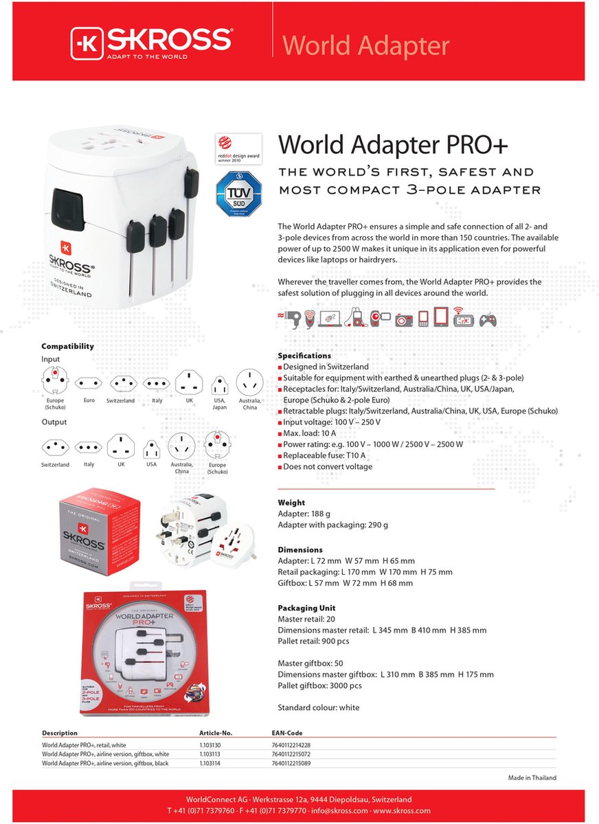 SKROSS | 1.500211-E | World to Europe | Wereldreisadapter voor Europa - Spanning en vermogen: 100V - 1600W / 250V - 4000W. Bescherming tegen elektrische schokken