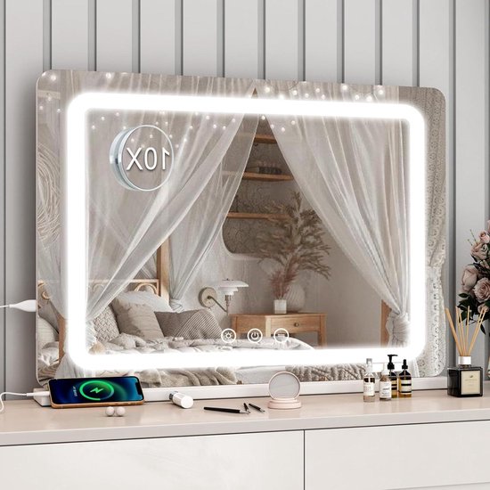 Misavanity LED Kosmetikspiegel Mit Beleuchtung – 80x57,9 Cm, 3 Farbmodi, Dimmbar, 10x Vergrößerung, USB-Anschluss