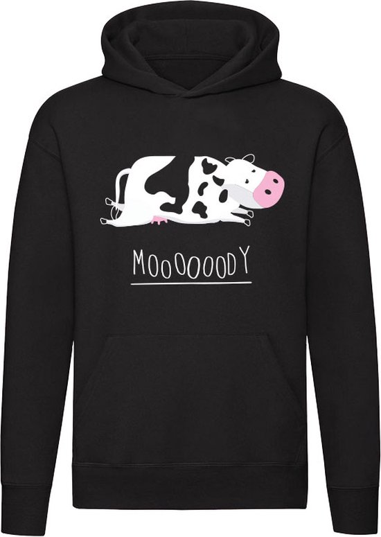 Koe Moooooody Hoodie - moe - zwart-wit - gevoelig - lui - mooien - humeur - woordspeling - dieren - taal - engels - humor - grappig