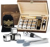 Bol.com Luxe Whiskey Stenen Set 12 stuks Herbruikbare IJsblokjes Vaderdag Cadeau Fluwelen Opbergzak Flessenstopper IJstang - RVS... aanbieding