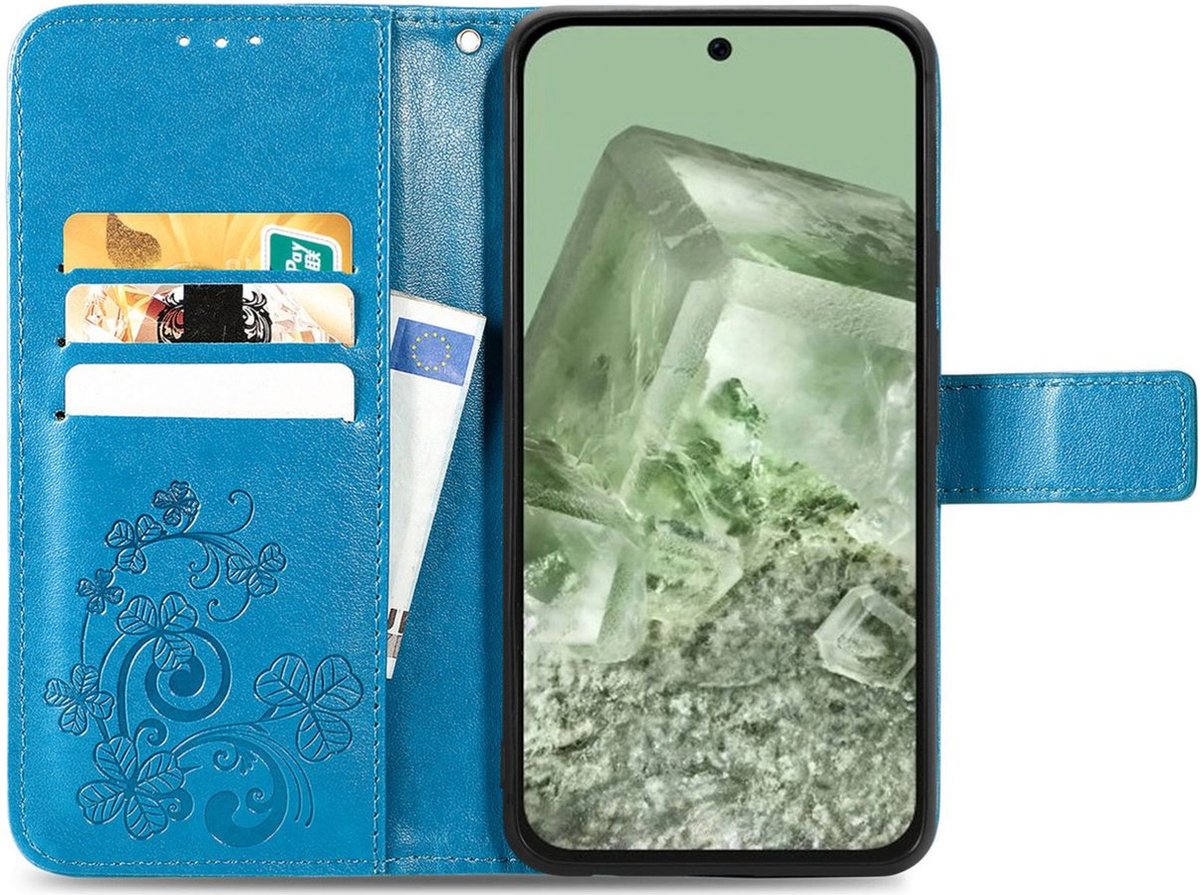 Mobigear Telefoonhoesje geschikt voor Google Pixel 8a Hoesje | Mobigear Clover Bookcase Portemonnee | Pasjeshouder voor 3 Pasjes | Telefoonhoesje voor Pinpas / OV Kaart / Rijbewijs - Blauw