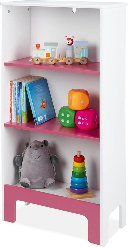 Relaxdays kinderkast, 3 vakken, HxBxD: 88 x 40 x 30 cm, opbergkast speelgoed, kinderkamer, kinderrek, MDF, wit/roze