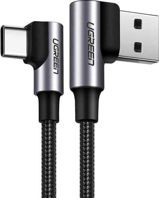 Ugreen USB Type C haakse kabel 1m snel opladen QC 3.0 3A nylon 7x beveiliging grijs