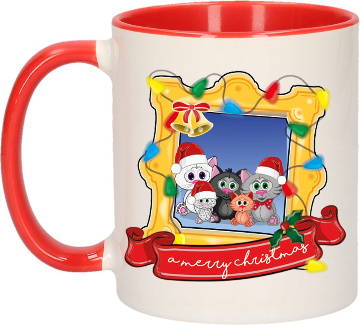 Bellatio Decorations Kerst cadeau koffiemok - kerst katje - rood - 300 ml - keramiek