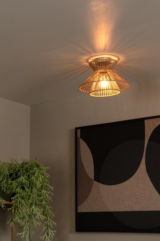 Natuurlijke rotan plafondlamp, gemonteerd aan het plafond in een kamer met een plant en kunst.
