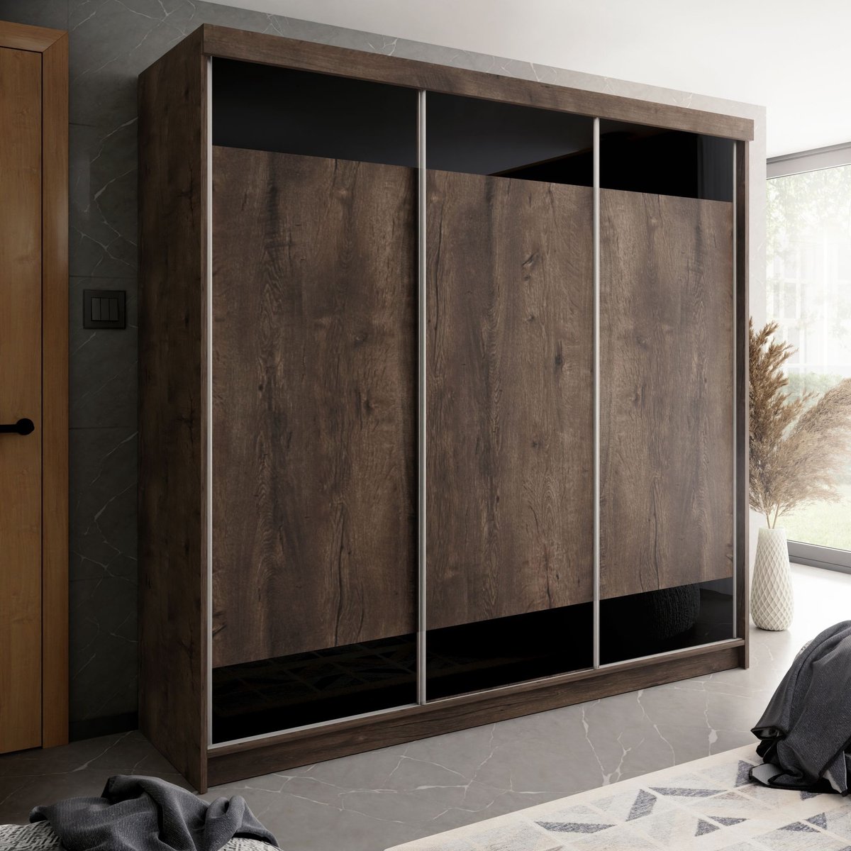 Kledingkast-Opbergkast-Kledingkasten Slaapkamer-Kleding Kast-Roedestang-Legplanken-Schuifdeurkast-donker eiken zwart 250 cm