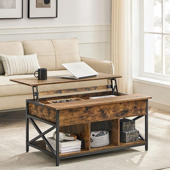 Houten salontafel met metalen frame en opklapbaar tafelblad, naast een bank.