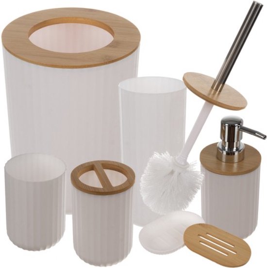 Relaxdays badkameraccessoires, 4-delige set, zeeppompje, tandenborstelhouder, bamboe, keramiek, badkamerset, natuur-wit