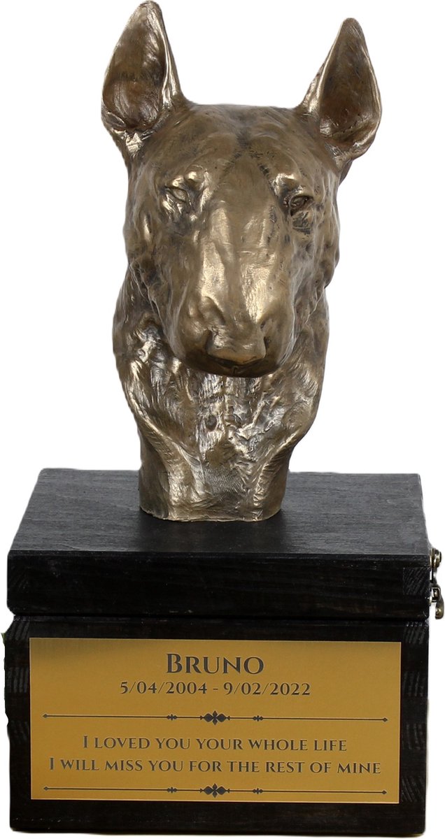 Handgemaakte urn hond met beeld en gravure van Bull Terrier hond