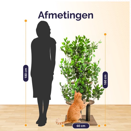 Afmetingen kattenboom: 160 cm hoog, 60 cm breed. Naast een silhouet van 180 cm.