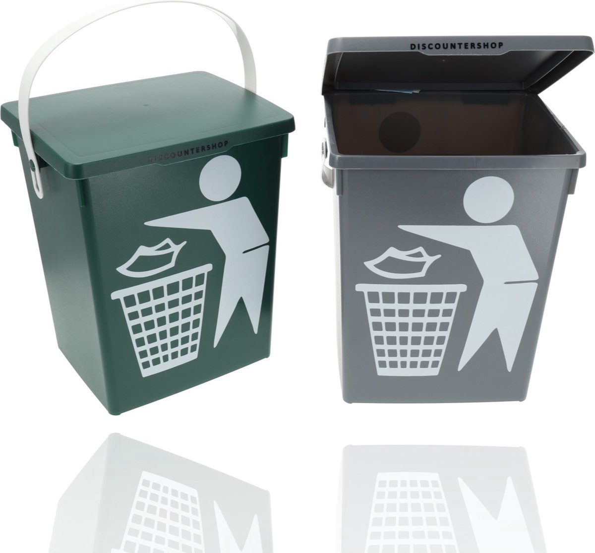 Goedkoopste Prullenbak met deksel & handgreep | set van 2 - aanrecht afvalbakken - 4.5 liter elk | mini prullenbak voor keuken, huishouden & kantoor | 14x19x23cm | groen & grijs