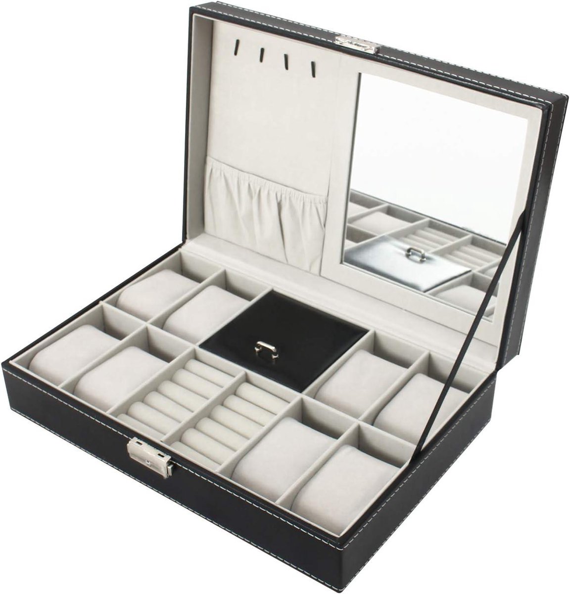 Sieraden Display Box met Spiegel - 30 x 20 x 8 cm - MDF - 8 Horloges Sieraden - Grijs