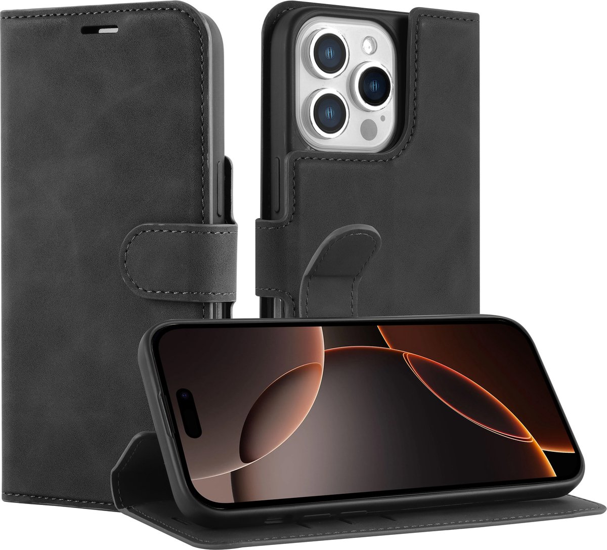 Cazy hoesje geschikt voor iPhone 16 Pro Hoesje met Pasjeshouder - Premium Bookcase - Zwart