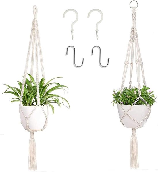 YMWALK Macramé Plantenhanger, 2 Stuks Hangende Plantenpotten Handgemaakte Bloempotmand Met Hangend Touw Als Plantenhouder Voor Binnen Als Wanddecoratie In De Tuin In De Hal En Als Woondecoratie