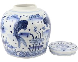 Fine Asianliving Chinese Gemberpot Porselein Blauw Wit Koi Vissen Handgeschilderd D23xH23cm