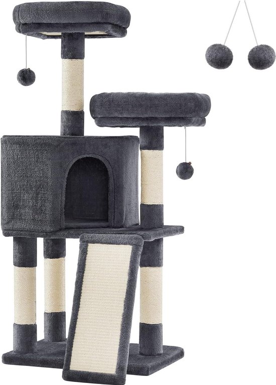 FEANDREA Krabpaal – 115 Cm – Lichtgrijs – Met 2 Platforms, Kenner, Krabplank & 2 Pompons – Ruimtebesparend – Anti-Tip
