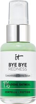 Flesje groen 'Bye Bye Redness' serum met zilveren dop en pompje, op witte achtergrond.