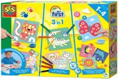 SES - My First - 3 in 1 - Vingerverven, kleuren en vormen plakken - met 4 kleuren vingerverf, 8 dikke potloden, vingerlijm, plakfiguren en knutselkaarten - makkelijk uitwasbaar