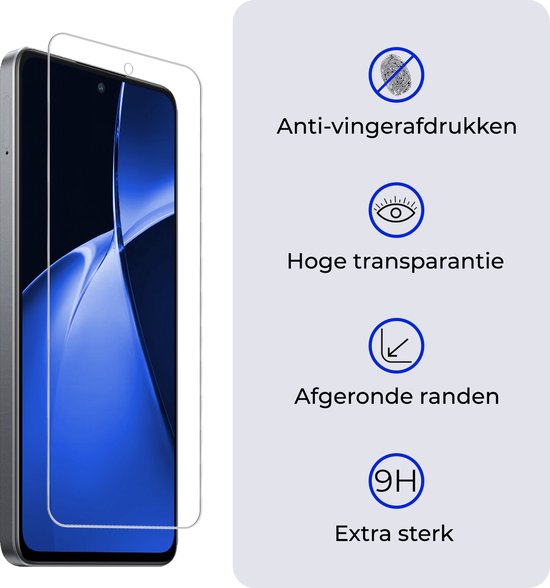 Screenprotector met anti-vingerafdruk, hoge transparantie, afgeronde randen en 9H extra sterk.