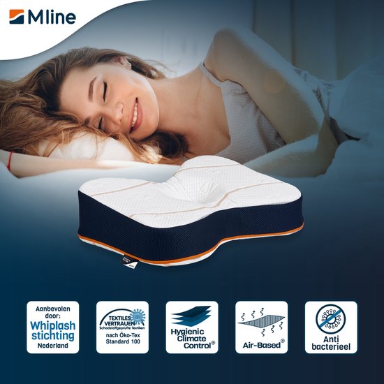 Vrouw slaapt op een wit en blauw M line Athletic Pillow. Iconen met keurmerken.
