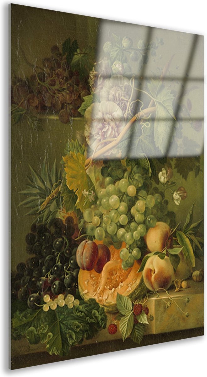 Stilleven van bloemen en vruchten - Albertus Jonas Brandt glasschilderij - Fruit schilderij op glas - Muurdecoratie Eten - Wanddecoratie industrieel - Acrylglas schilderij - Slaapkamer decoratie acrylglas 70x105 cm